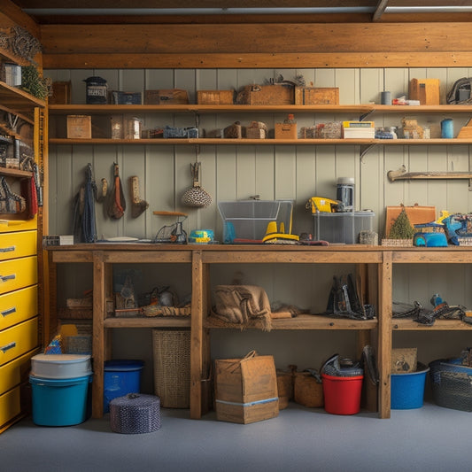 A cluttered garage with scattered tools and boxes, transitioning into a organized space with labeled bins, a pegboard, and a DIY shelving unit made from reclaimed wood, all on a budget-friendly aesthetic.