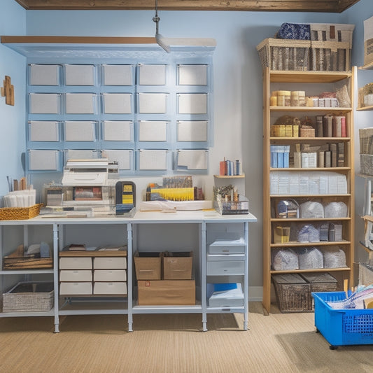 A well-lit, clutter-free workspace with a heat press, vinyl cutter, and storage bins filled with rolls of vinyl, heat transfer paper, and crafting tools, surrounded by neatly organized shelves and baskets.
