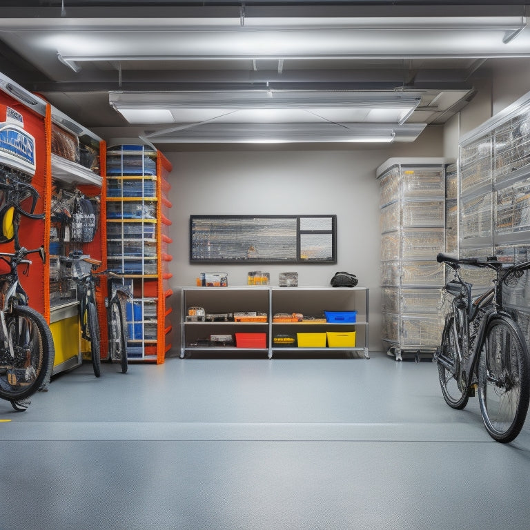 A clutter-free garage with a silver car parked in the center, surrounded by labeled storage bins, hooks, and a slatwall with bikes and tools, with a reflective epoxy floor and bright LED lighting.