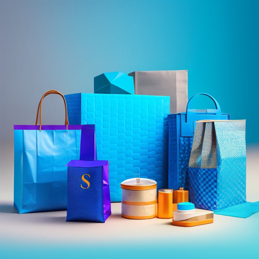 A stylized, modern illustration of a bold, uppercase "S" made up of tiny product packaging and shopping bags, set against a bright, electric blue background with subtle grid patterns.