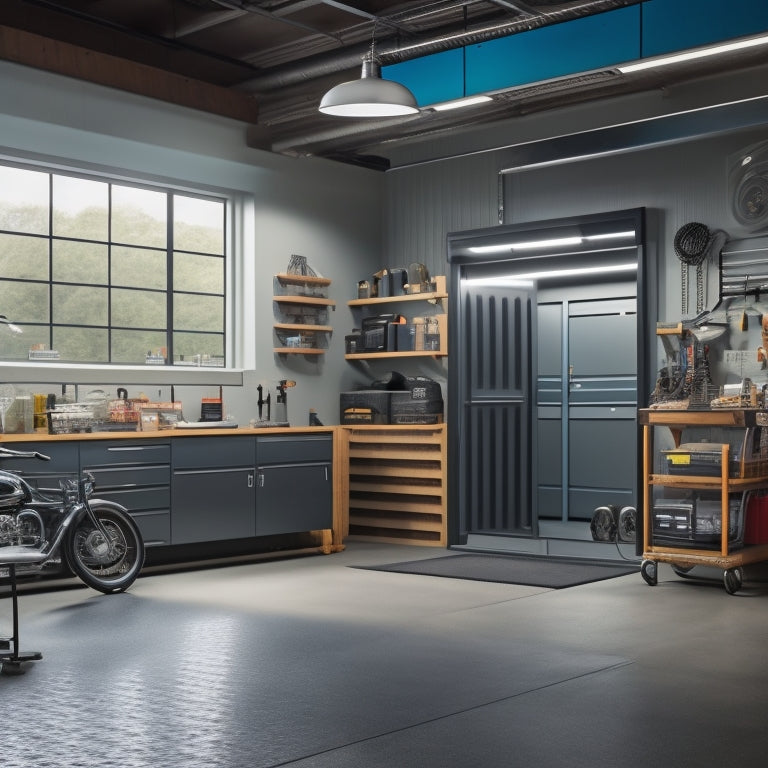 A well-lit, clutter-free garage with a sleek, gray epoxy-coated floor, featuring a pegboard with neatly hung tools, a modular storage system, and a designated workstation with a vintage car in the background.