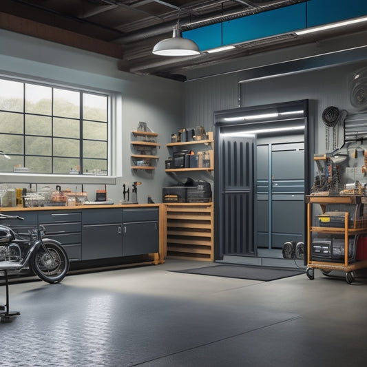 A well-lit, clutter-free garage with a sleek, gray epoxy-coated floor, featuring a pegboard with neatly hung tools, a modular storage system, and a designated workstation with a vintage car in the background.