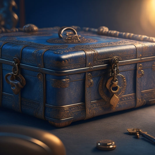 A key unlocking a treasure chest filled with rolled-up scrolls, surrounded by golden light and subtle shadows, set against a dark blue background with subtle gradient effects.