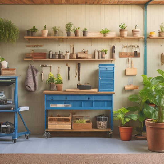 A clutter-free garage with a DIY pegboard, repurposed crates as shelves, and a refurbished workbench, surrounded by organized tools and a few potted plants, with a warm, natural light ambiance.