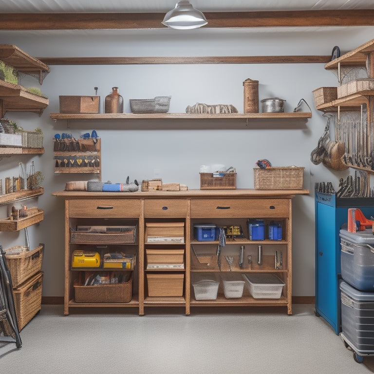 A well-organized garage with a mix of closed cabinets and open shelving units, showcasing a variety of tool storage bins, baskets, and hooks, with a few tools and equipment displayed neatly.