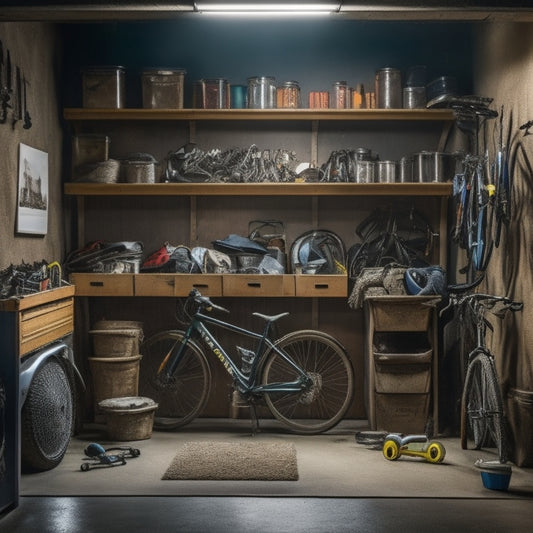 A cluttered garage with tools scattered on the floor, bikes leaned against walls, and storage bins stacked haphazardly, with a single, organized pegboard in the corner, surrounded by a faint glow.