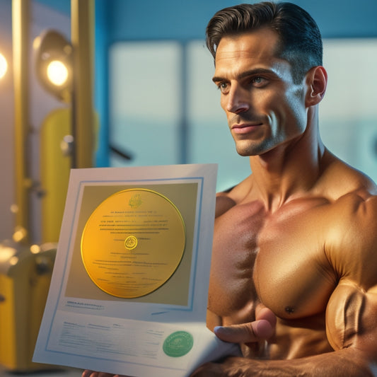 A strong, flexed arm holding a certificate with a bold, golden seal, set against a blurred fitness studio background with exercise equipment and mirrors.
