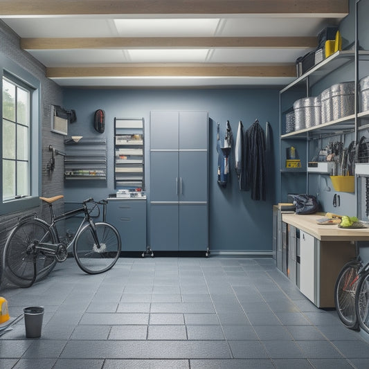 A well-organized garage with sleek, gray cabinets, a slatwall with neatly hung bicycles and tools, and a epoxy-coated floor, lit by a large, overhead LED light fixture.