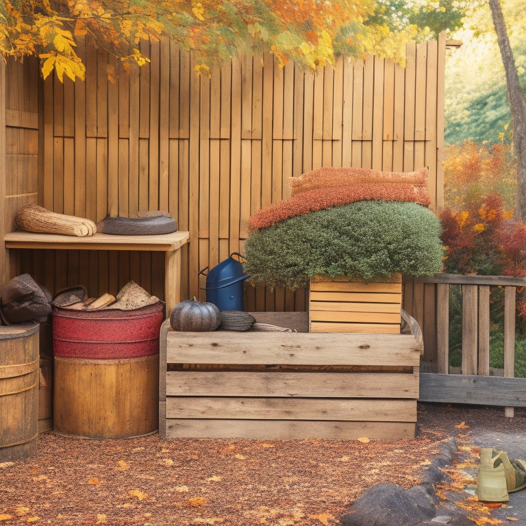 An organized outdoor storage area with neatly stacked firewood, a wooden crate filled with autumn leaves, and a few seasonal decorations, surrounded by lush greenery and a rustic wooden fence.