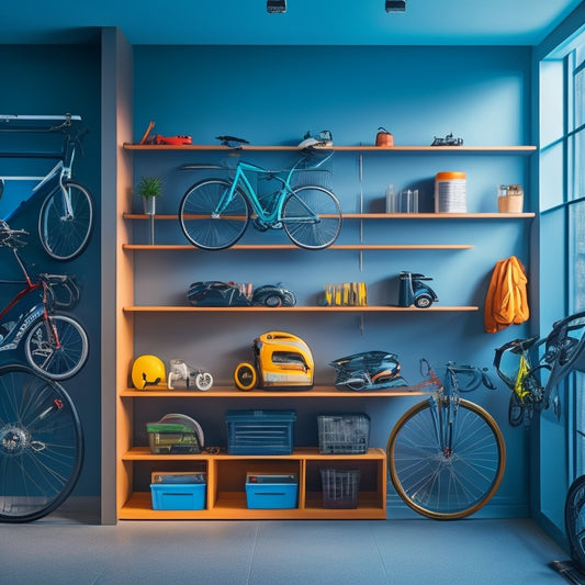 A modern, well-lit garage with sleek, wall-mounted shelves and cabinets in a minimalist aesthetic, showcasing a mix of futuristic and industrial design elements, with a few bicycles and tools neatly organized.