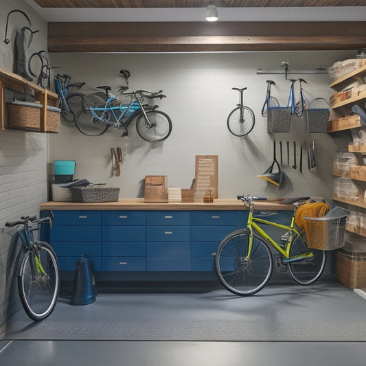 A well-organized garage with a slatted wall system, hooks holding bikes and tools, a pegboard with baskets, and a sleek epoxy-coated floor, illuminated by a row of pendant lights.