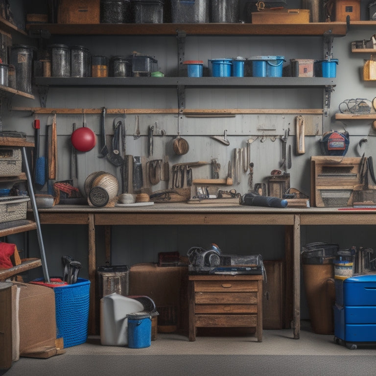A cluttered garage with scattered tools and boxes, contrasted with a organized section featuring a pegboard with hooks, bins, and a workbench with a measuring tape and level.