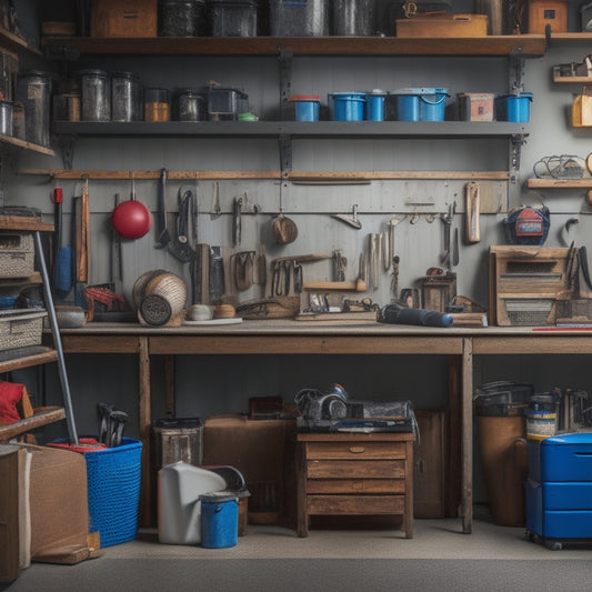 A cluttered garage with scattered tools and boxes, contrasted with a organized section featuring a pegboard with hooks, bins, and a workbench with a measuring tape and level.