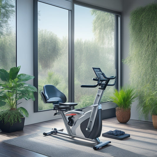 A sleek, silver, and black Sole Fitness recumbent bike positioned in a modern home gym, surrounded by plants and a large window with a subtle outdoor scenery.