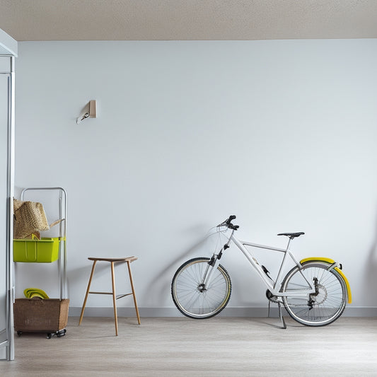 A clutter-free room with a sleek, silver FlexiMount installed on a cream-colored wall, holding a mountain bike, a ladder, and a few storage bins, amidst a minimalist background.