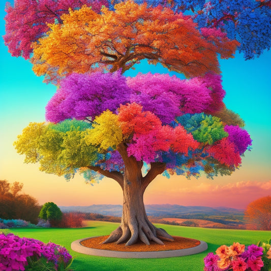 A vibrant, multi-colored puzzle with interconnected pieces, each representing a different income stream, forming a complete and thriving tree with blooming flowers and a sunny background.