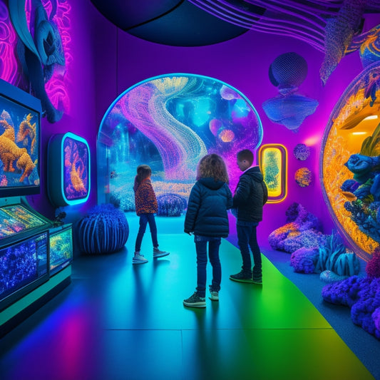 A vibrant, futuristic gallery with glowing neon lights, showcasing colorful digital artwork created by children, featuring fantastical creatures, bold shapes, and swirling patterns on large, floor-to-ceiling screens.
