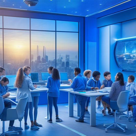 A futuristic classroom with students of diverse ages and abilities, surrounded by interactive screens, robots, and virtual reality headsets, with a cityscape or futuristic landscape visible through the windows.