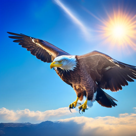A majestic eagle in mid-flight, soaring upwards, set against a bright blue background with fluffy white clouds, surrounded by subtle, shimmering rays of light, conveying ascension and limitless possibilities.