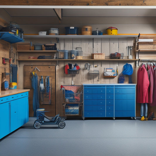 A tidy garage with a slatwall featuring hooks, bins, and baskets, a pegboard with tools, a loft storage area above, and a sleek epoxy-coated floor reflecting a neatly parked car.
