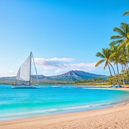 A serene morning scene at Waikiki Beach Resort, with gentle waves lapping at the shore, palm trees swaying in the breeze, and a sailboat gliding across the turquoise ocean, set against a backdrop of lush green mountains.