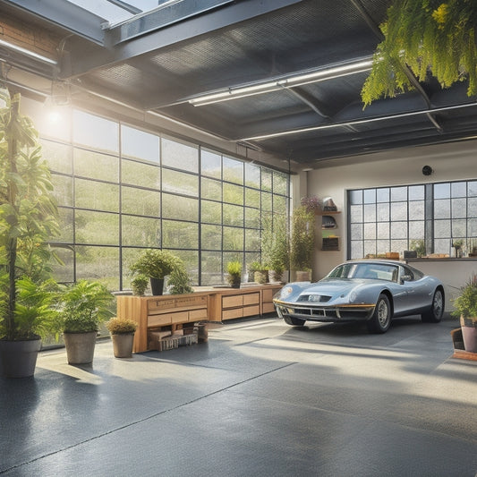 An image of a transformed garage with a sleek epoxy floor, organized tool stations, and a few strategically placed plants, illuminated by natural light pouring through a newly installed skylight.