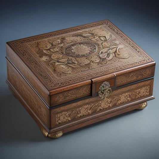 A beautifully crafted, ornate jewelry box with intricate wooden inlays, adorned with delicate patterns of interlocking flowers and vines, set against a warm, honey-brown woodgrain background.