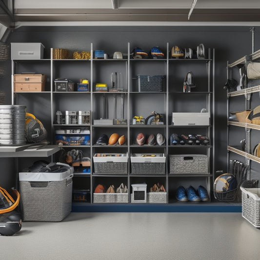 A well-organized garage with sleek, metallic shelving units, baskets, and bins in varying sizes, showcasing a tidy arrangement of tools, sports equipment, and storage containers.