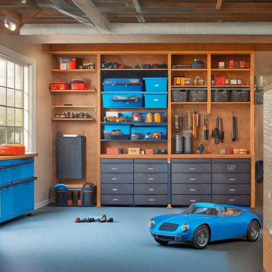 A tidy garage with a slatwall featuring hooks, bins, and a pegboard, surrounded by a workbench, floor-to-ceiling cabinets, and labeled storage bins, with a sleek sports car in the background.