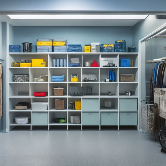 A well-organized garage interior with Teton Greige shelving units, neatly stacked storage bins, and a sleek epoxy-coated floor, illuminated by soft overhead lighting and a large window.