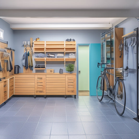 A modern, well-organized garage with a sleek epoxy floor, featuring a slatwall with hooks, bins, and baskets, a modular shelving unit, and a ceiling-mounted bike rack, all in a bright, natural light.