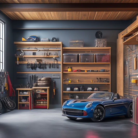 A well-organized garage with slat walls featuring various tool holders, bins, and accessories in a harmonious blend of metal, wood, and plastic, with a sleek, modern sports car in the background.