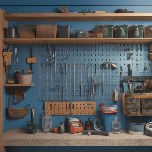 A clutter-free garage with a slatwall featuring various pegboards, hooks, and bins, a DIY shelving unit made from reclaimed wood, and a labeled pegboard with a wrench, hammer, and pliers.