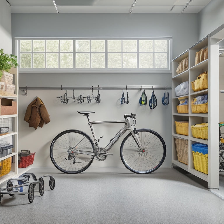 A serene, well-organized garage interior with sleek, neutral-colored cabinets and shelving, a polished concrete floor, and a few strategically placed bicycles and storage bins, set against a soft, natural light background.