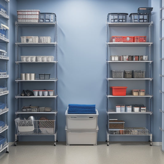 A tidy garage or storage room with custom-built shelving units featuring multiple rows of bins and containers in various sizes, with neat labels and a minimalist color scheme.