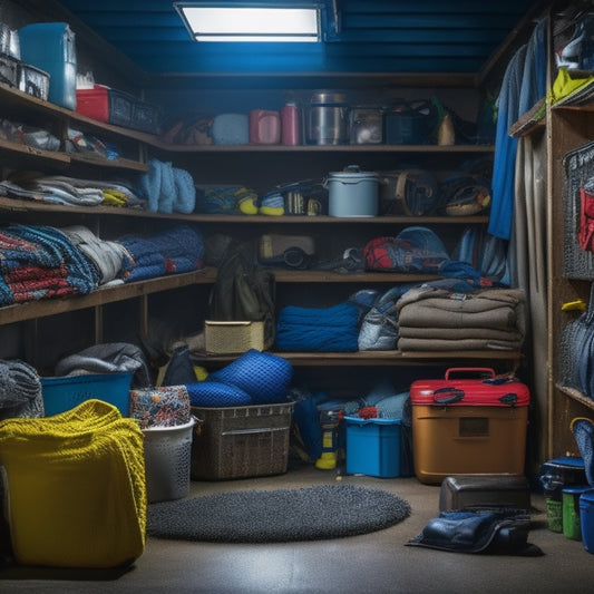 A cluttered garage with camping gear scattered on the floor, contrasted with a tidy and organized section featuring bins, hooks, and shelves storing camping equipment in an orderly fashion.