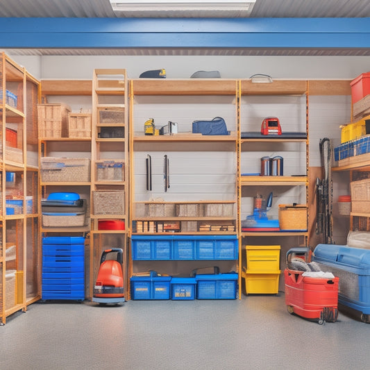 A clutter-free garage with sturdy, powder-coated steel shelving units, thick wooden planks, and reinforced brackets, holding bulky items like tires, toolboxes, and machinery, with ample headroom and floor space.