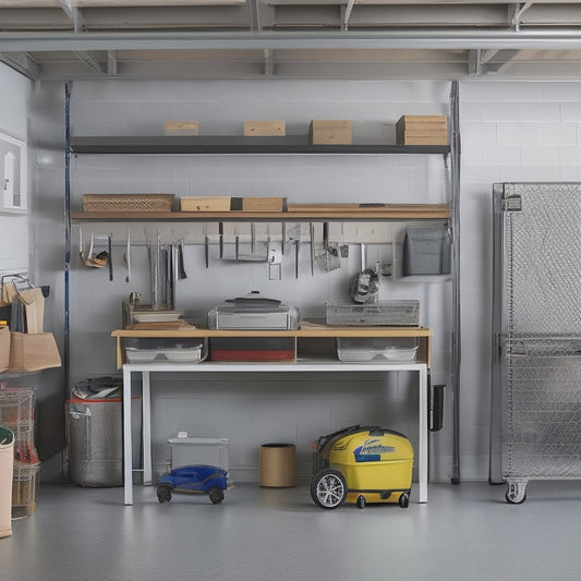 A clutter-free garage with a slatted wall system, sleek metal shelving, and labeled bins, alongside a workstation with a built-in vice and a pegboard with neatly hung tools.