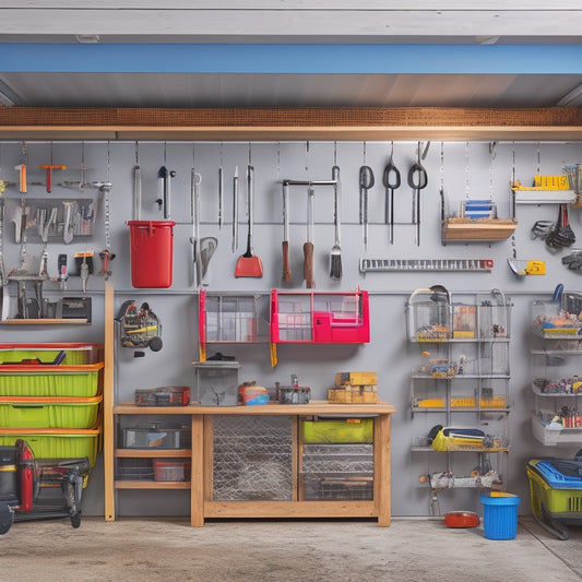 A clutter-free garage with a large, sleek magnetic board on the wall, holding various tools and accessories in a neat, organized manner, surrounded by a few well-placed hooks and bins.