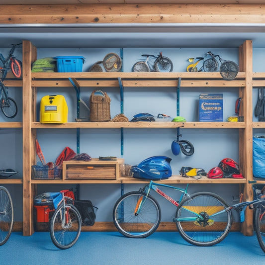 A well-organized garage with a slatwall featuring hooks holding bicycles, helmets, and kayaks, alongside a shelving unit storing bins labeled with outdoor gear icons, and a floor-to-ceiling storage rack for camping equipment.