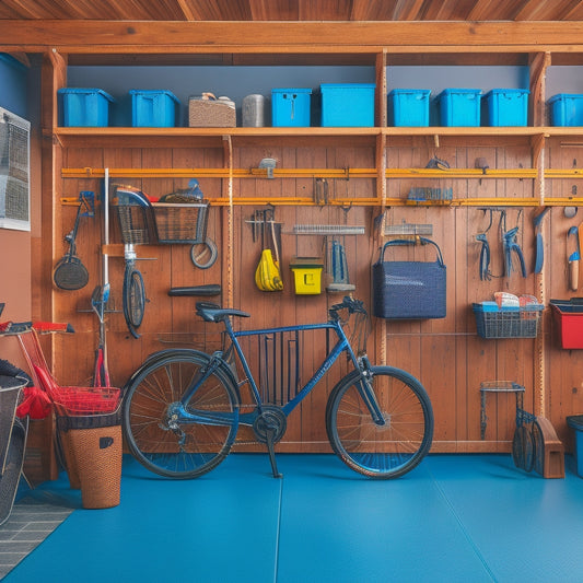 A well-organized garage interior with a slatwall, baskets, and hooks, a workbench with a vice, a pegboard with tools, and a few bicycles and storage bins neatly arranged on the floor.