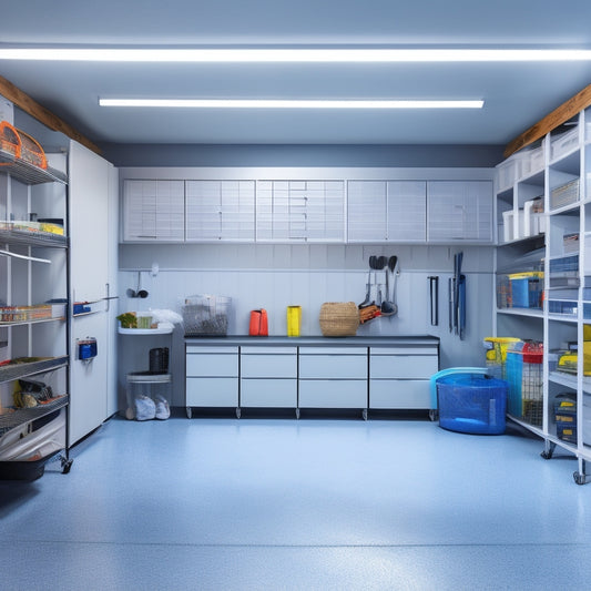A clutter-free garage with a sleek, gray epoxy floor, white cabinets, and a slatwall with neatly arranged bins, tools, and sports equipment, illuminated by bright, overhead LED lighting.