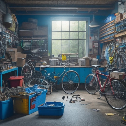 A cluttered garage with bicycles, tools, and storage bins scattered chaotically, a workbench buried under a pile of boxes, and a single, lonely parking space in the background.
