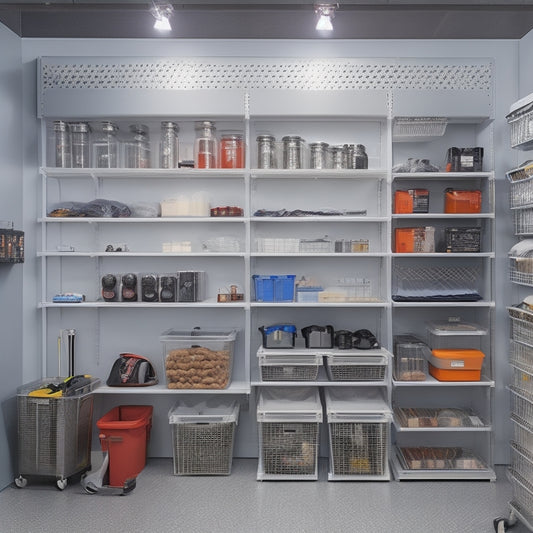 A bright, modern garage with sleek, silver cabinets, labeled bins, and a slatwall adorned with hooks, baskets, and a pegboard, all neatly organized and lit by a row of LED lights.