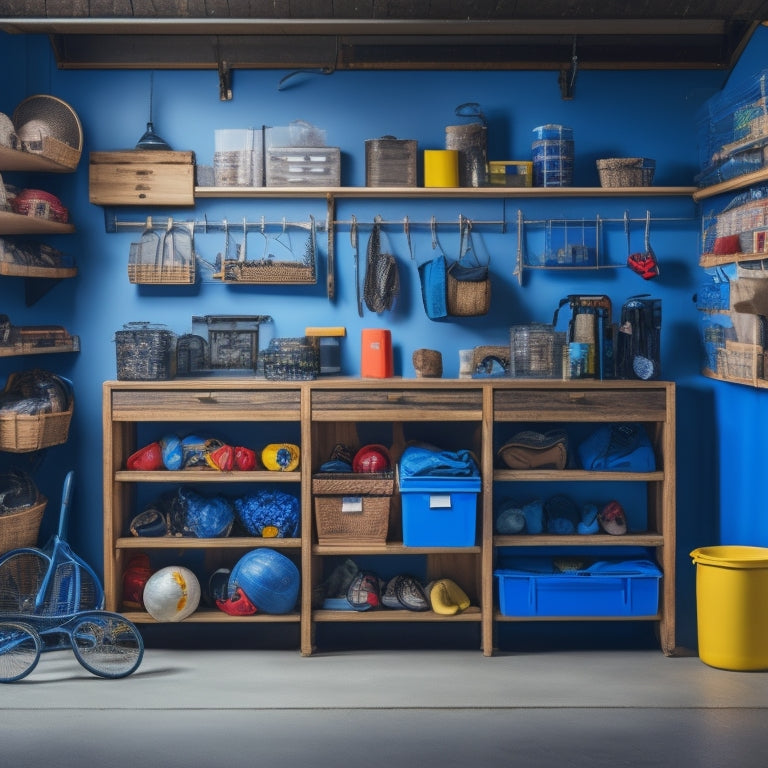 A well-organized garage with various storage bins and baskets of different shapes, sizes, and materials, arranged on shelves and on the floor, with a few tools and sports equipment visible.