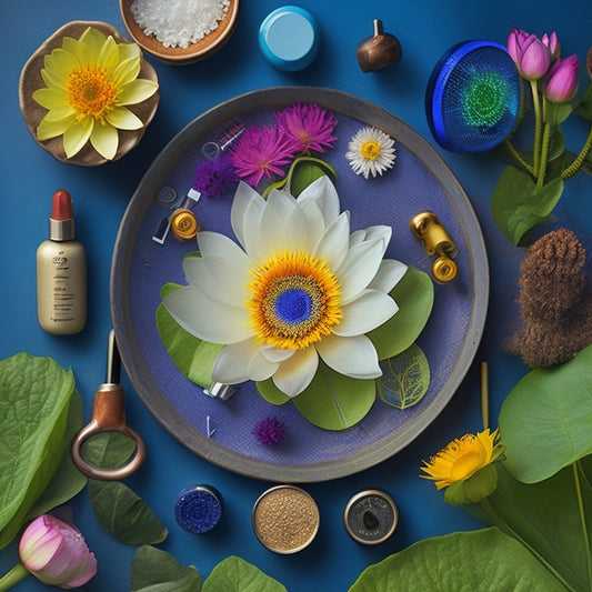 A serene, natural background featuring a blooming lotus flower, a stethoscope, and a few scattered diabetes-related icons (e.g., insulin vials, glucose meters) in a harmonious, circular arrangement.