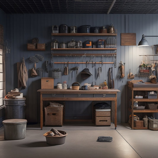 A well-lit, clutter-free garage with a slatwall featuring neatly arranged bins, hooks, and baskets, a pegboard with organized tools, and a sleek workbench with a vintage-inspired metal stool.
