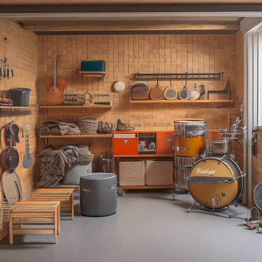 A tidy garage with a custom shelving system, guitar hooks, and a drum set on a raised platform, surrounded by bins and baskets labeled with musical notes, amidst a warm, earthy color scheme.