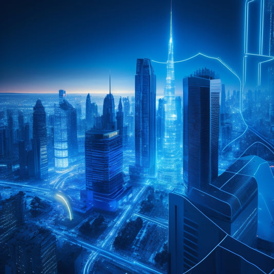 A futuristic, minimalist illustration of a cityscape with sleek skyscrapers and a prominent, glowing blue building in the center, surrounded by swirling lines and arrows representing efficient workflows.