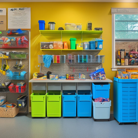 A bright, organized garage with a designated recycling hub featuring stacked bins labeled by material type, adjacent to a Kid's Corner with colorful bins and a chalkboard wall.